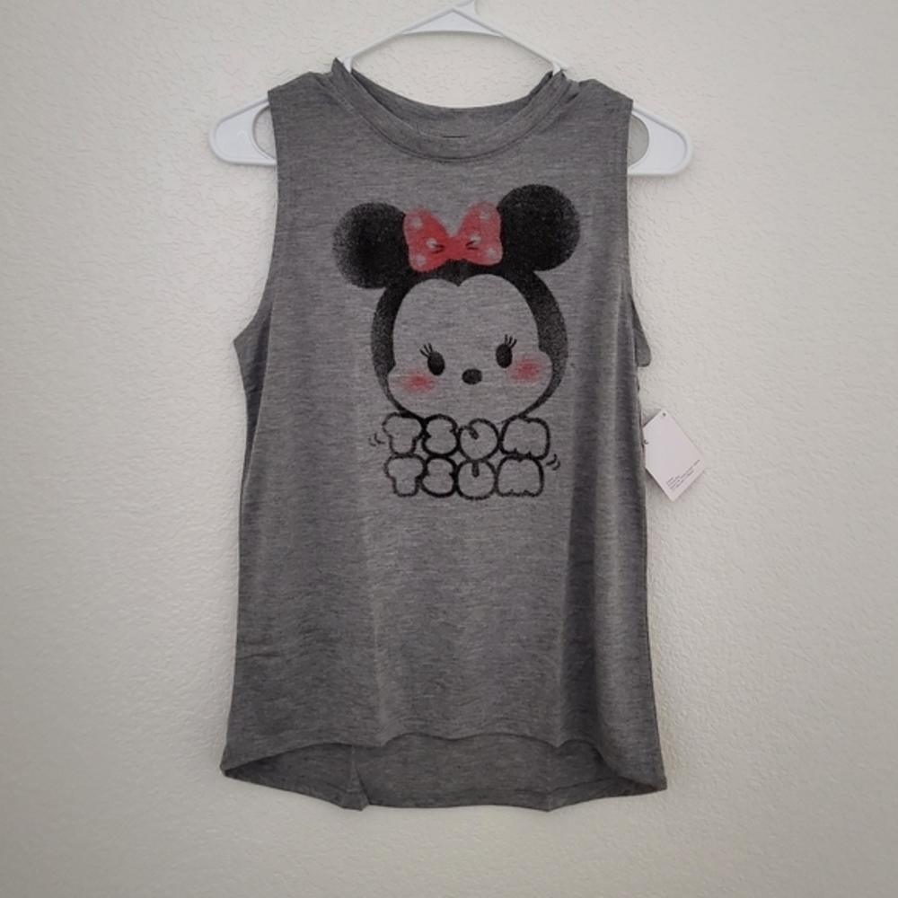 Women's Juniors Tsum Tsum Minnie Distressed Muscle Gray Tee Shirt
